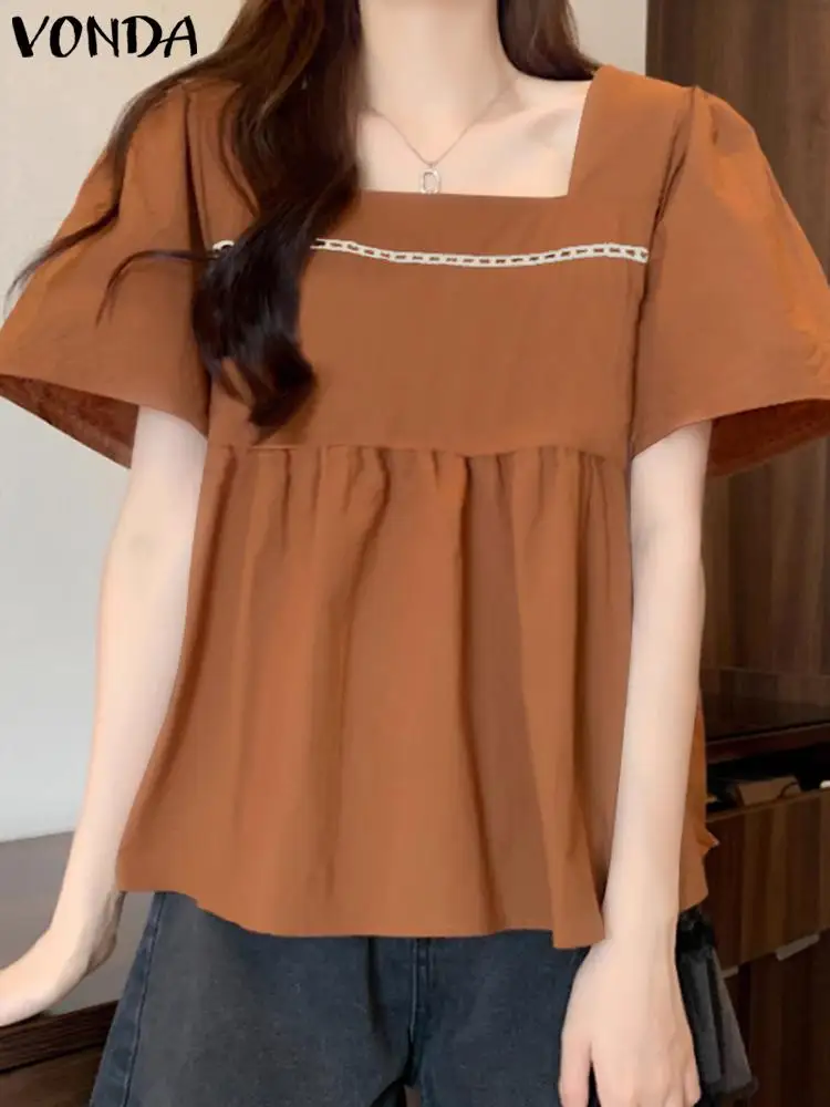 VONDA Fashion Solid Blouses Women Short Sleeve Summer Tops 2024 Elegant Ruffled Shirts Square Collar Casual Loose Blusas Femme