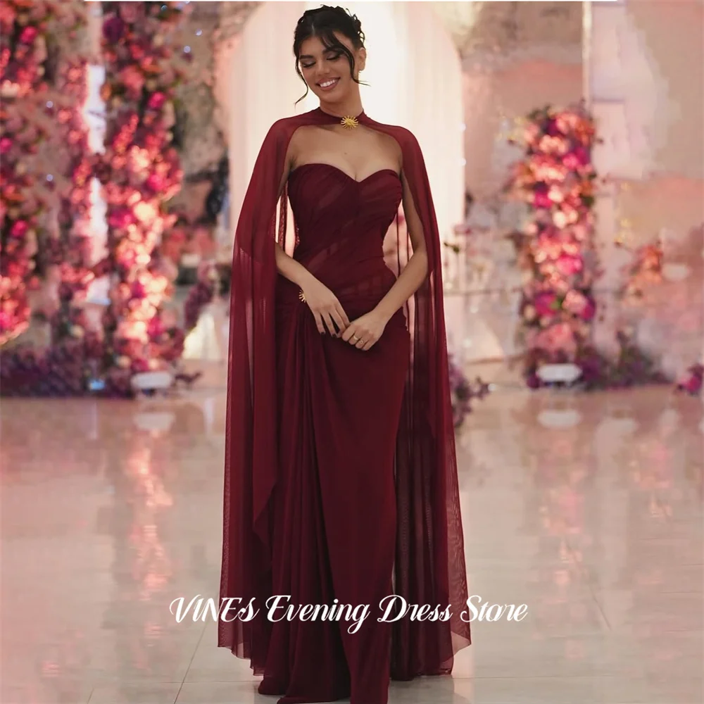 

VINES Burgundy Mermaid Prom Dress with Sheer Cape Celebrity Dresses Ruched Chiffon Women's Evening Dress for Gala Customized