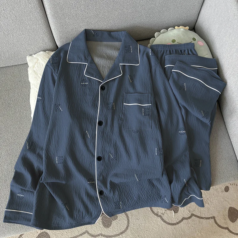 بيجامات رجالية مريحة تناسب الحد الأدنى للخريف مطبوع عليها حروف على طراز الشباب ملابس تنحيف قطنية مطبوعة على شكل سحابة بأكمام طويلة طقم مكون من قطعتين