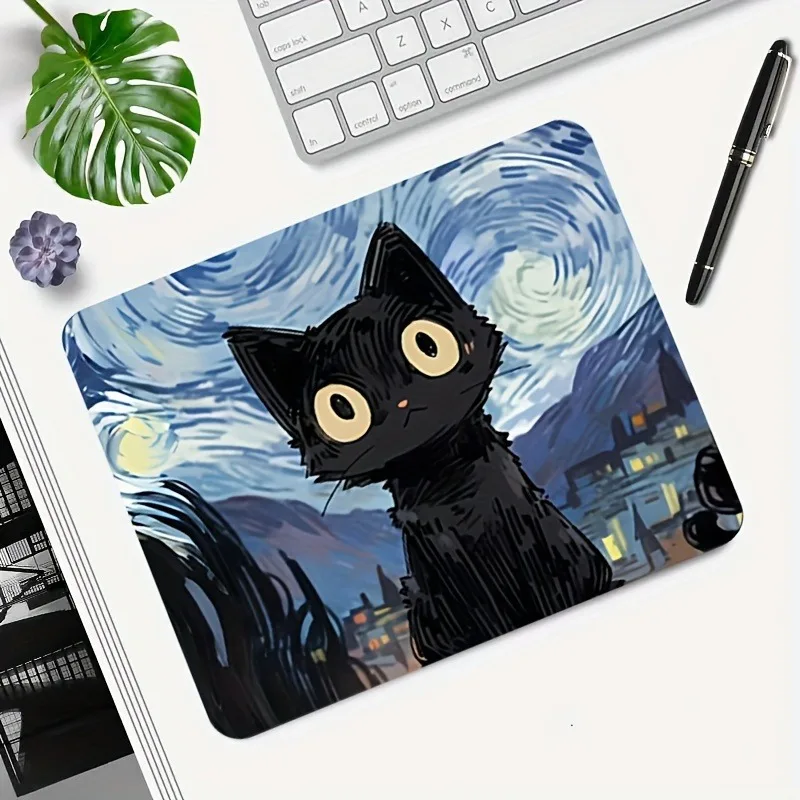 Starry Night mouse pad with cute black cat, study and office use, office accessories, rectangular workstation pad - durable, wat