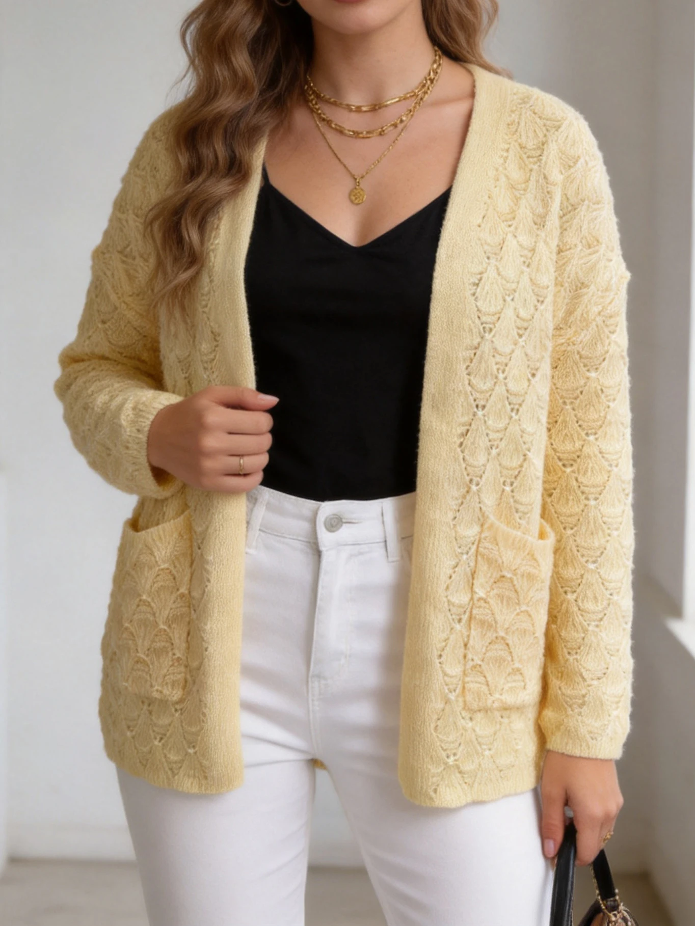 

Plus Size Women Casual V-Neck Cardigan Knit Long Sleeve Top, Autumn Winter Daily Wear