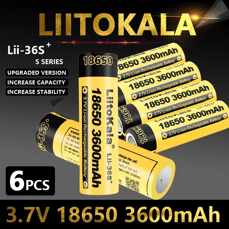 6pcs LiitoKala Lii-36S 18650 3.7V 10A Li-Ion Battery 3600mAh for Flashlight Toys E-bike High Power Consumption Devices