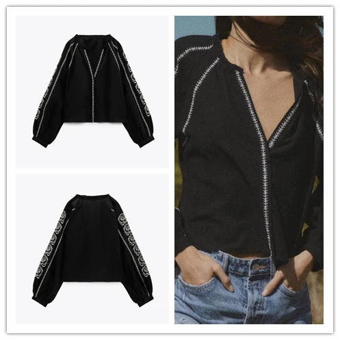 

Ele Bla Embroidered Linen Blend irt Women's Faion Spring Summer New Arrival Straight Cut Long Sve Street Sle