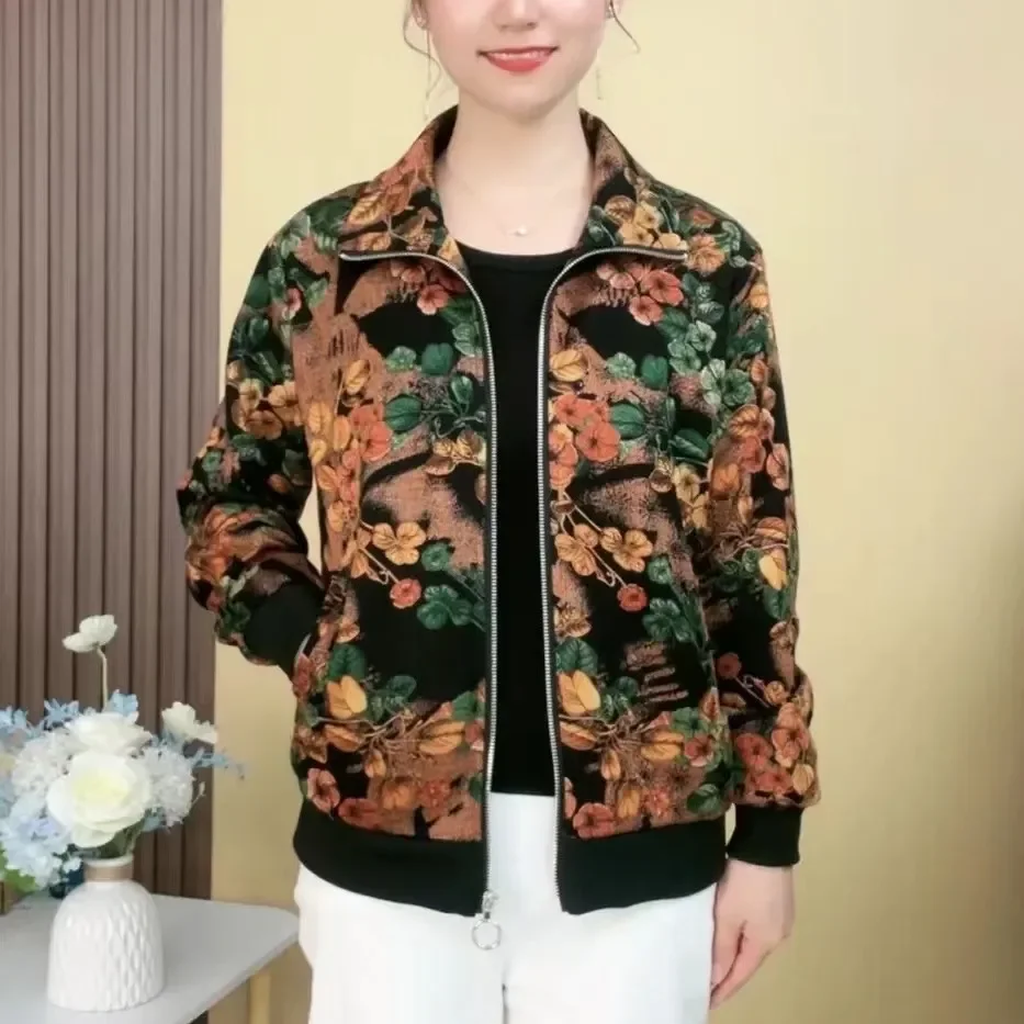 Mom's Autumn New Coat Covers Stomach Middle Aged And Elderly Long Sleeved Top Female Zipper Coat Female  printing  Loose jacket