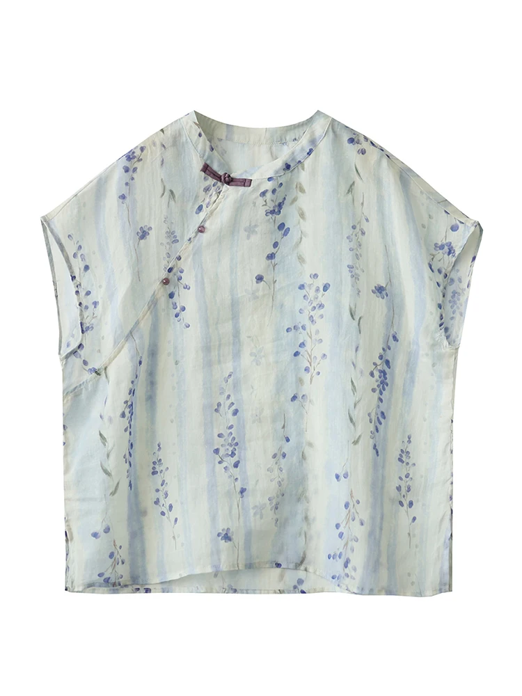 Sommer Neue Sle Chinesische Taste Baumwolle Leinen Druck Seite Taste Stehkragen Casual irt plus Größe frauen Faion Künstlerische