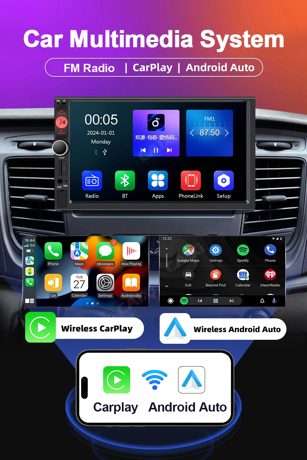 7inch IPS 2din Stereo Wireless Carplay Android auto Radio Automotive Multimedia Car Radio Autoradio MP5 Player Bluetooth USB FM