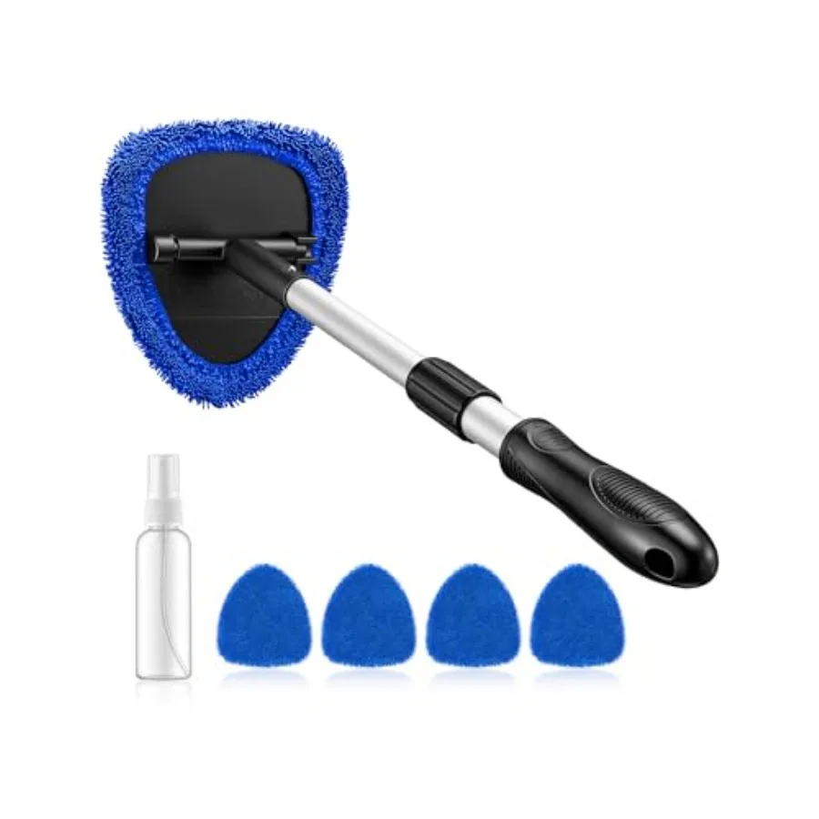 Wdshield Cleaner Tool, Car Interior Detailing Cleaning Kit with Extendable Handle and 4 Upgraded High-Density Reusable Microfib