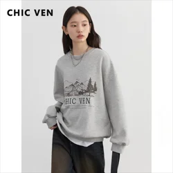 CHIC VEN Women Sweatshirts Loose Casual Retro Round Neck Letter Embroidered Oversized Off Shoulder Female Top Spring Autumn 2024