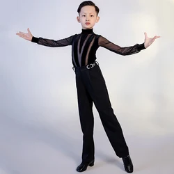 Boys Latin Dance Competition Clothing Black Velvet Splicing Mesh Tops Pants Male Kids Cha Cha Rumba Dance Clothes Sets BL13229