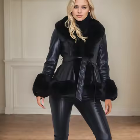 Imitation Rabbit Skin Fur Coat for Women Fashion Waist Lace Up Fur Integrated Jacket Winter Warmth Slim Fit Pu Leather Jackets
