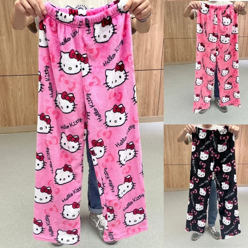 Sanrio Hello Kitty Pajamas Halloween Flannel Fashion Trouserswomen Kawaii Woolen Anime Cartoon Casual Home Pants Autumn