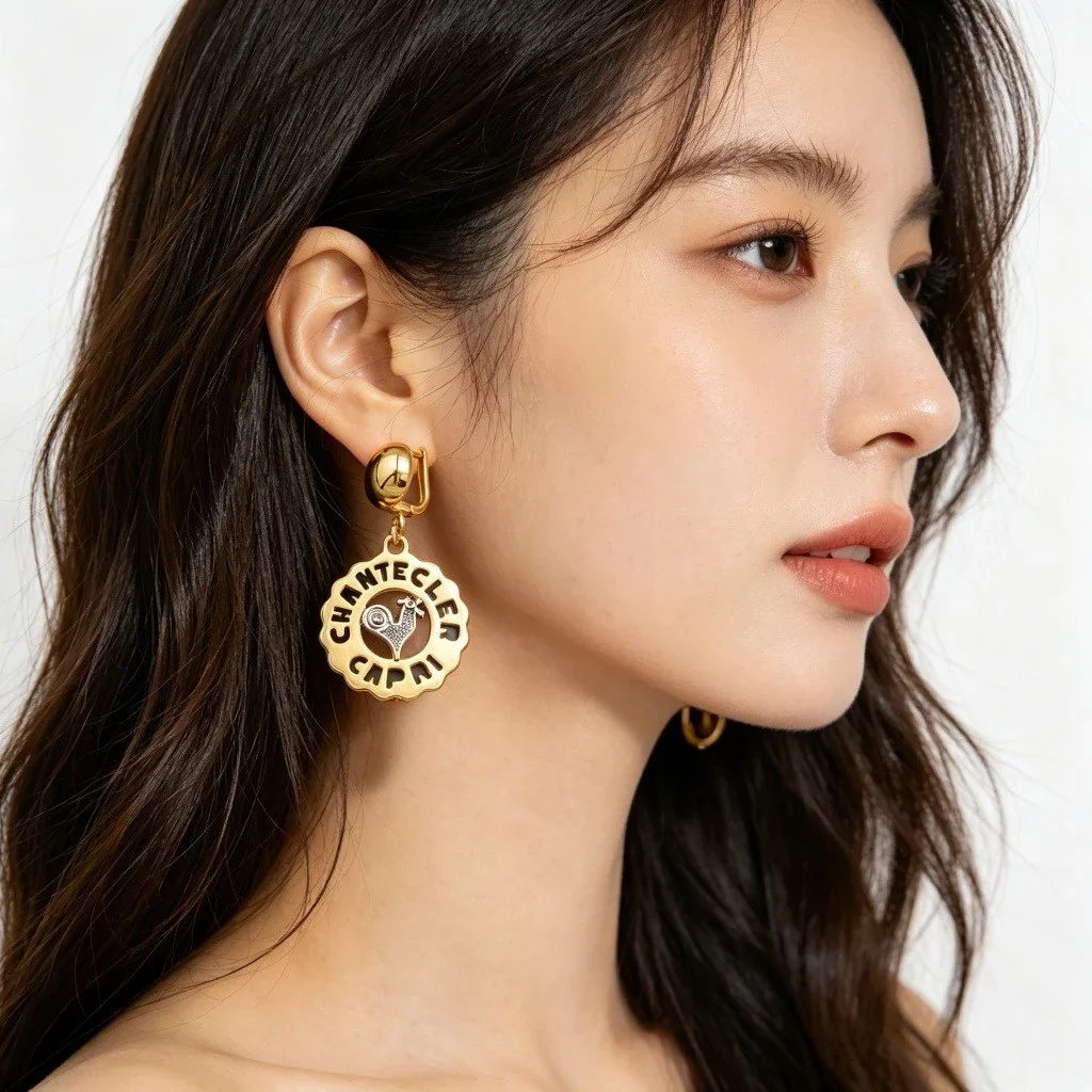 New Two Tone Rooster Drop Earrings for Women, Openwork Charm Earrings with Crystal, Vintage Italian Jewelry