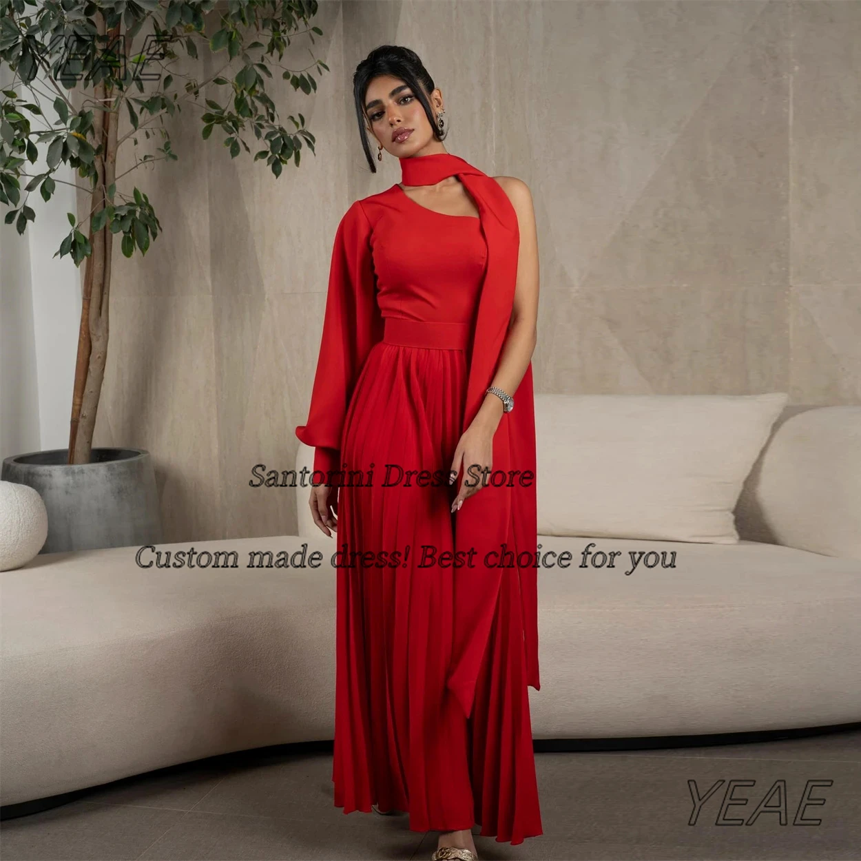 

Santorini Customized Red Pleats Prom Dresses with Necktie One Shoulder Long Sleeve Evening Gowns Zipper Back Slit فساتين سهرة
