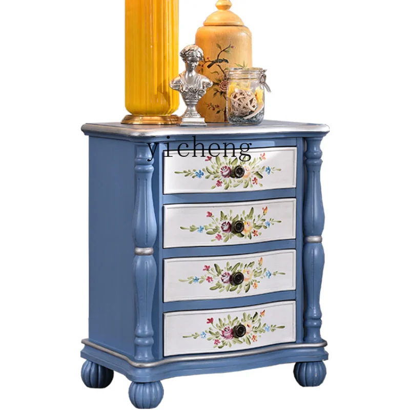 ZK Bedside Storage Cabinet Bedside Corner Cabinet Solid Wood Four-Bucket Cabinet Simple Blue Painted