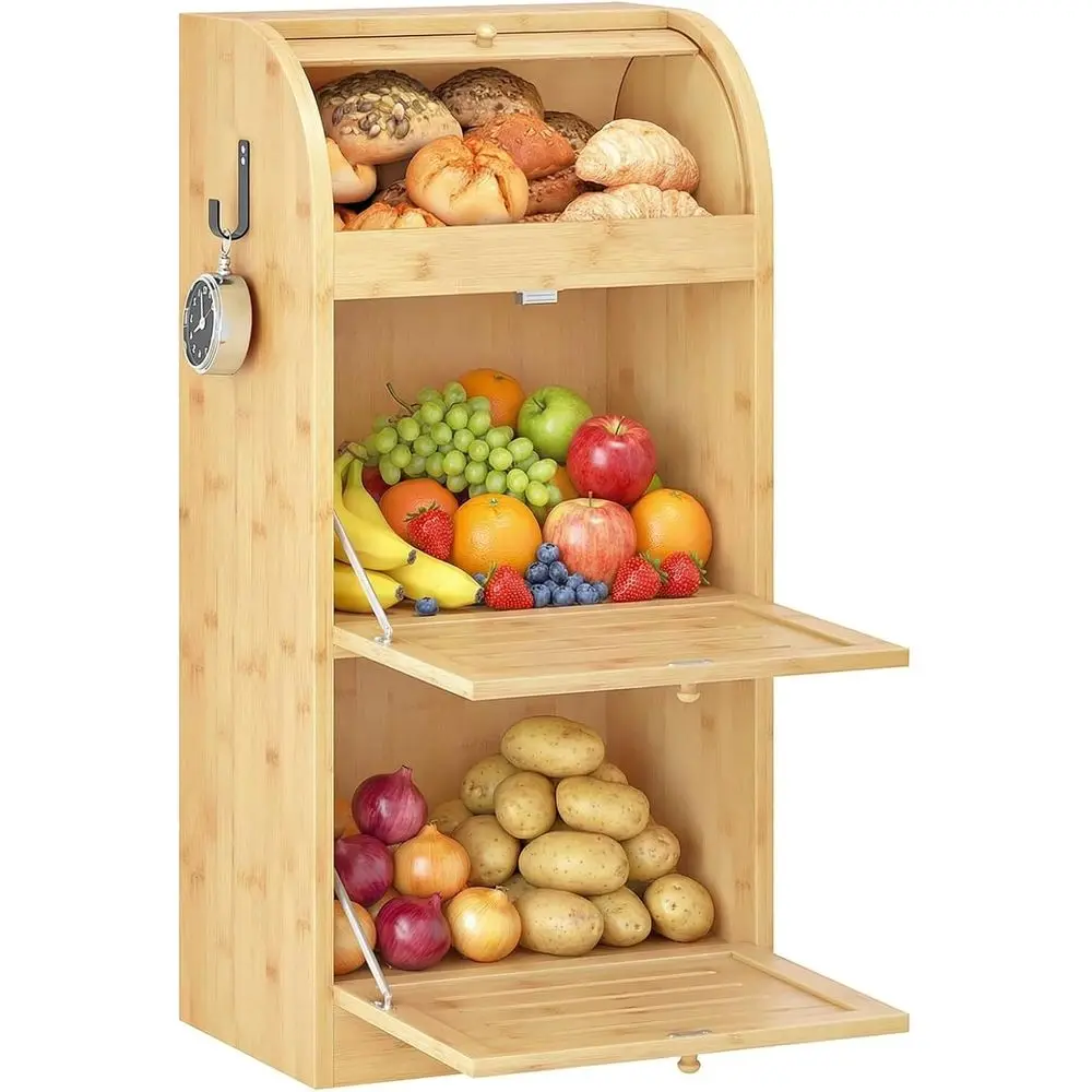 Caja de Pan Grande de Bambú, Organizador de Cebollas de 3 Niveles, Sección de Comestibles, Almacenamiento Decorativo para Frutas y Verduras
