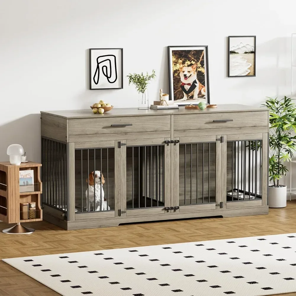 

72" Dog Crate, Large Dogs Kennel Furniture with 2 Storage Drawer and Removable Divider, Wooden Dog Cage with 4 Bowls