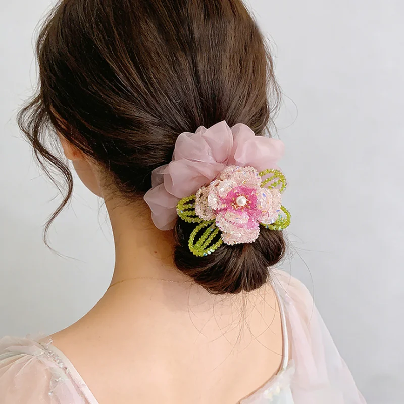 New Chinese Style Peony Flower Hair Ring Women Coiled Hair Rope Exquisite Handmade Hair Bands Sweet Hair Ties Headwear