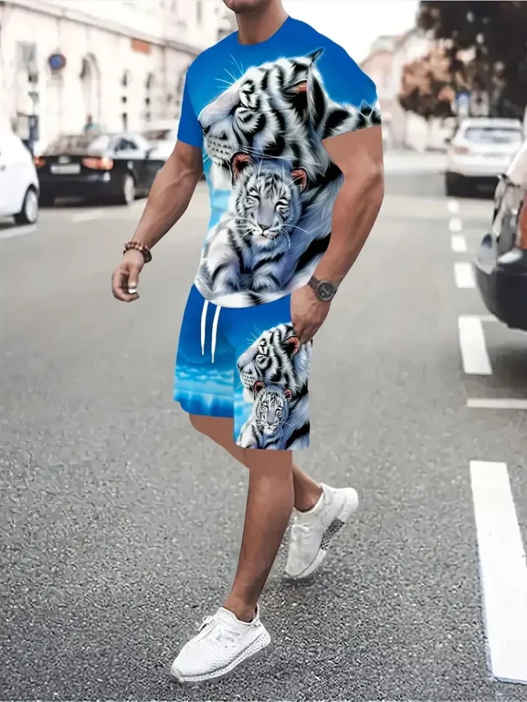 

Fashion Wolf Print Men's Sets Summer Casual O-neck Short Sleeve Tops +Shorts 2 Piece Funny 3D Lion Pattern Loose T-Shirts Outfit
