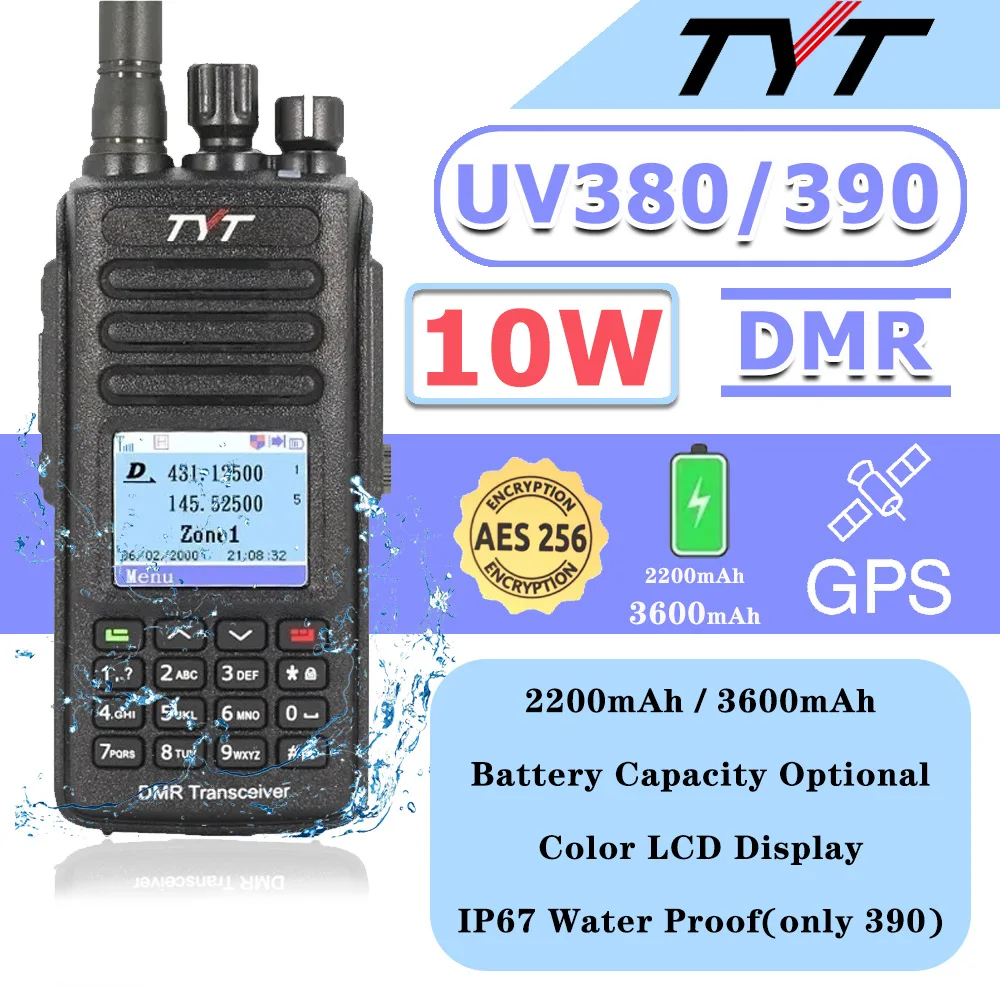 10W Walkie Talkie TYT MD-UV390 PLUS Aes256 Radio GPS IP67 Battery Optionele Waterproof VHF/UHF Dual Band Digitale Walkie Talkie