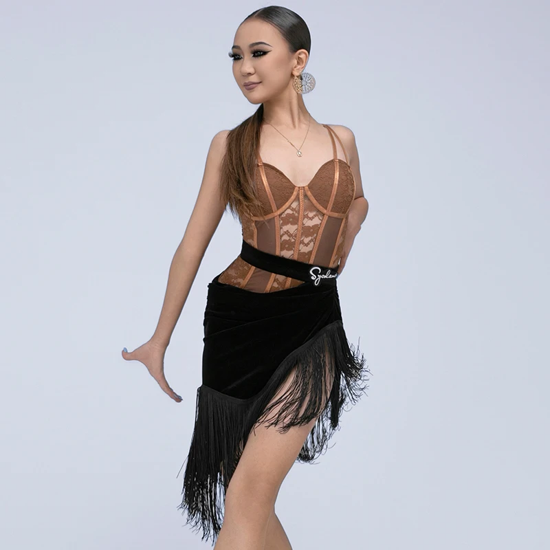 

New Latin Dance Clothes Women Lace Suspender Bodysuit Black Velvet Fringe Skirt Adult Practice Wear Club Latin Costume DNV22095