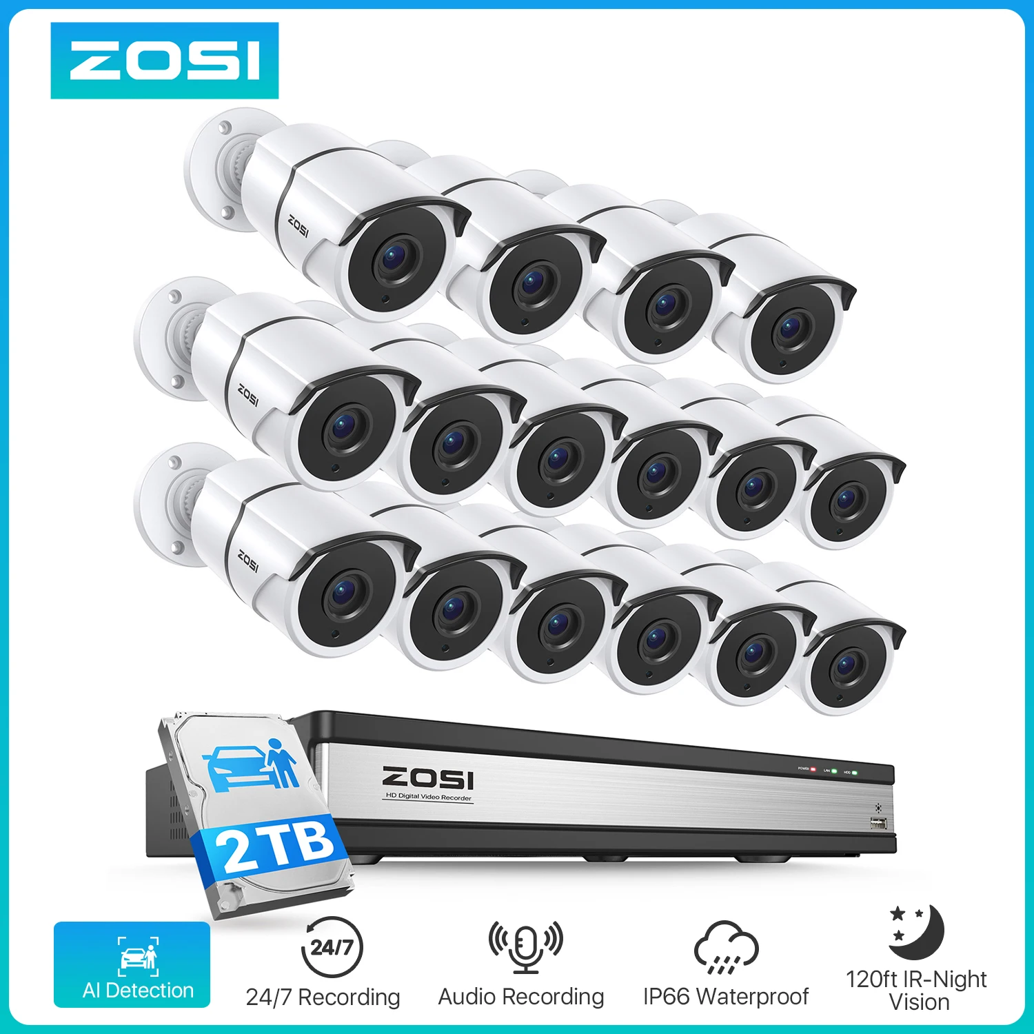 ZOSI 16CH Home Surveillance Systems 1080P Wired Metal Outdoor Cameras 16CH DVR Audio Recording Cctv Camera Full System Kit
