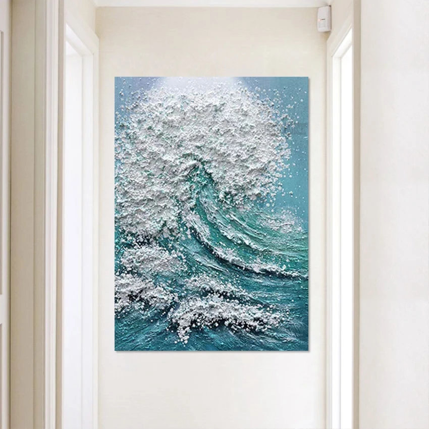 Big Hotel Wall Hangings, Palette Knife, Sea Wave Poster Art, Luxury Home Showpieces, Texture Acrylic Painting, Canvas Artwork