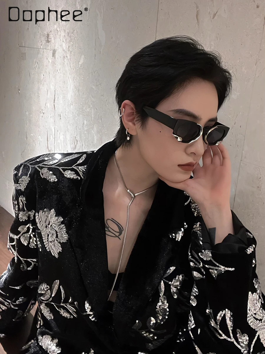 Street Personality Glitter Sequins Velvet Blazer Fashion Long Sleeve Heavy Industry Vintage Print Cross Neck Oversized Blazers