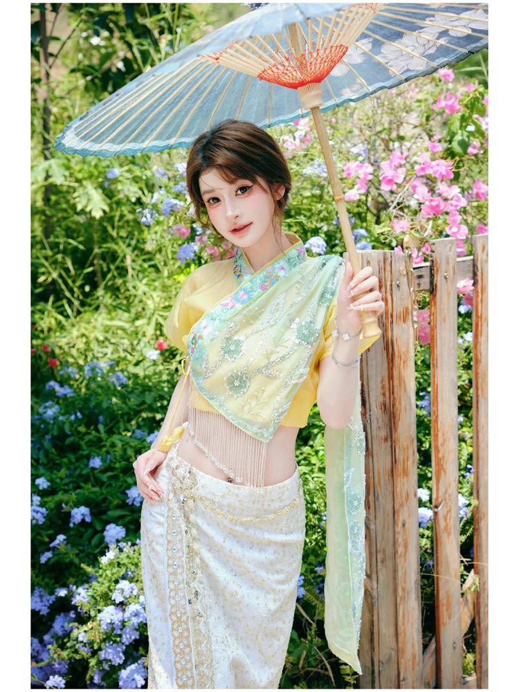 

Summer Travel Photoaphy Traditional Thai Sister Costume Studio Photo oot Ethnic Stage Wear Polyester Fabric Ladies' Faion