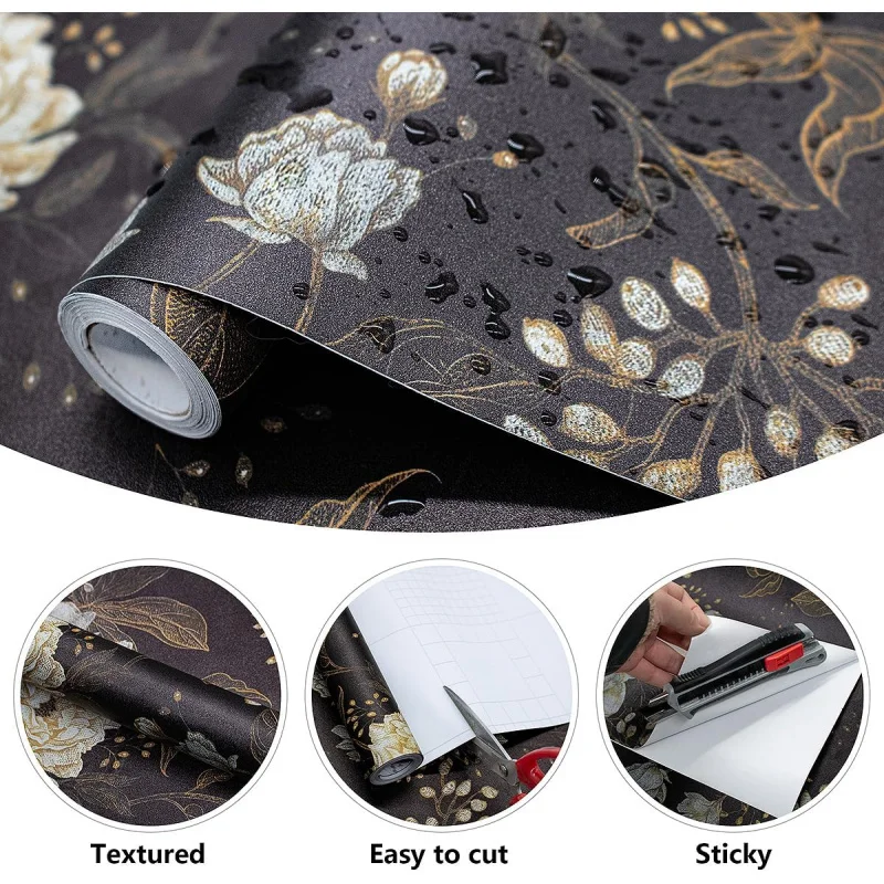 Papel de parede floral preto com casca e bastão, papel de contato de 17,7 polegadas x 118,1 polegadas, autoadesivo vintage