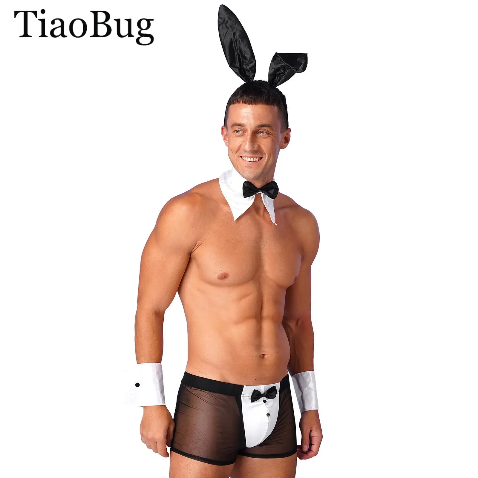 

Men Waiter Cosplay Lingerie Set Bunny Cosplay Costume Tuxedo See Through Boxer Briefs with Bunny Ears Headband Collar Cuffs Set