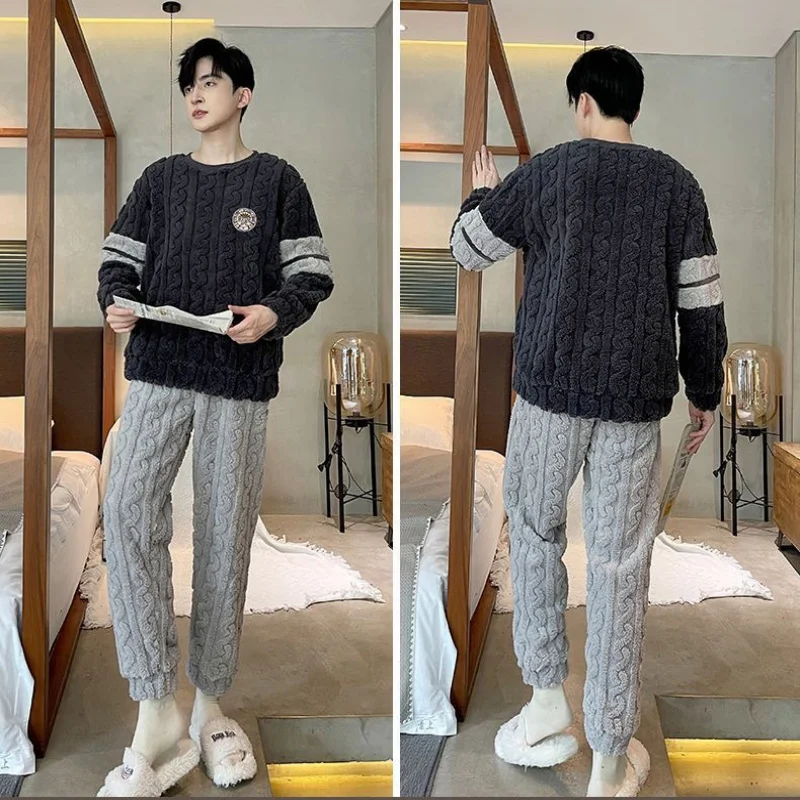 طقم بيجامات شتوية من الصوف المرجاني للرجال - ملابس نوم سميكة ودافئة للخريف والشتاء، ملابس منزلية مريحة بمقاسات كبيرة #6