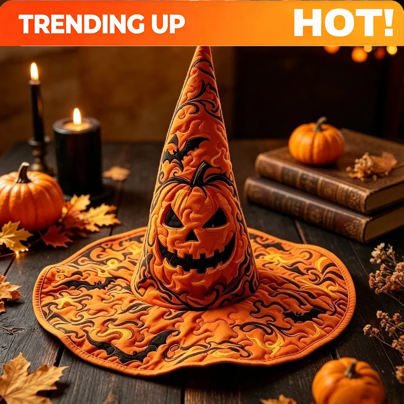Customization Halloween Lady Quilted Witch Hat Devil Big Pumpkin Bat Pattern Magic Costume Hat, Halloween Theme Party Cosplay Cl