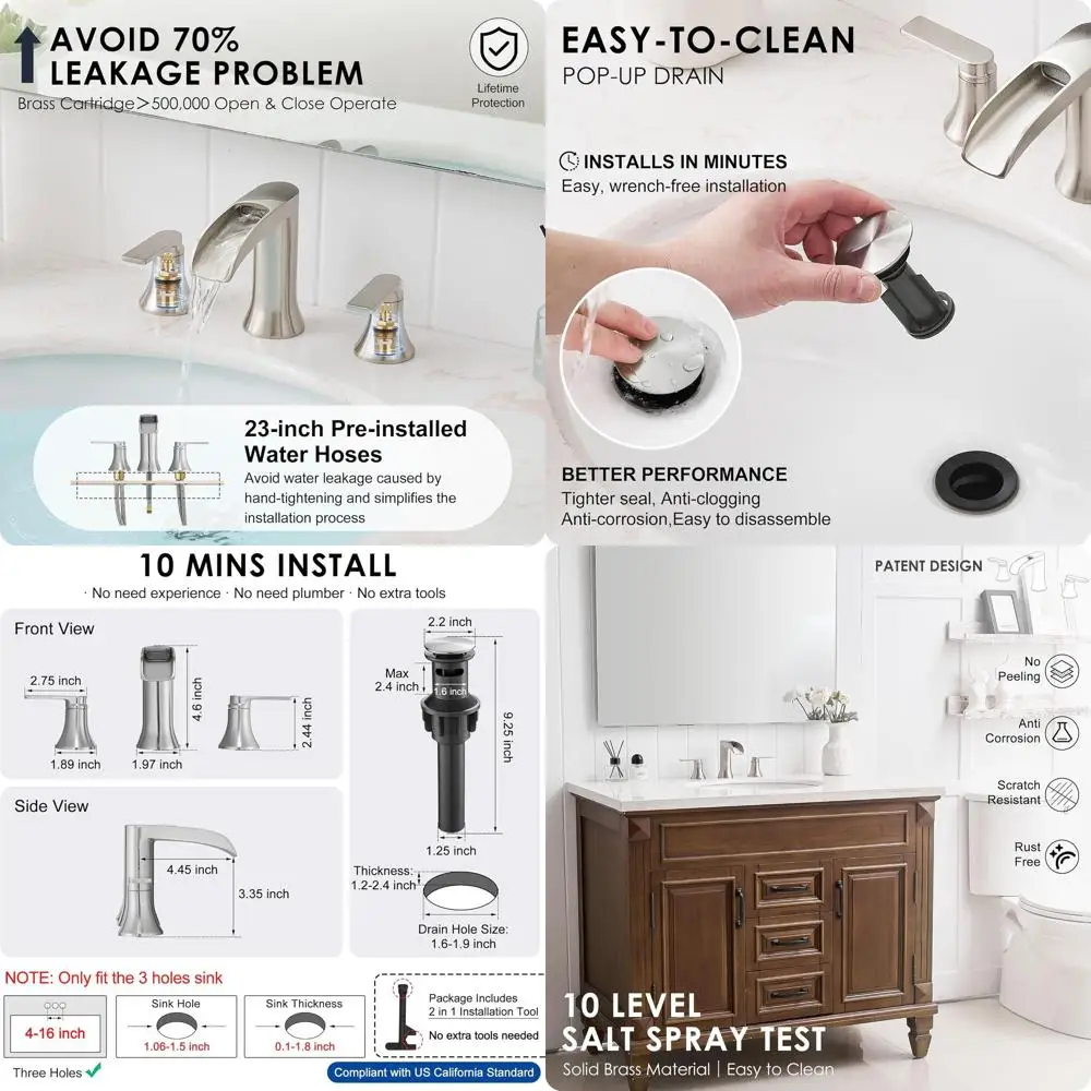 

3-Hole Brushed Nickel Waterfall Faucet, 4-8 Spread, 2-Handle, Brass, Easy Install, Drain & Hose Included