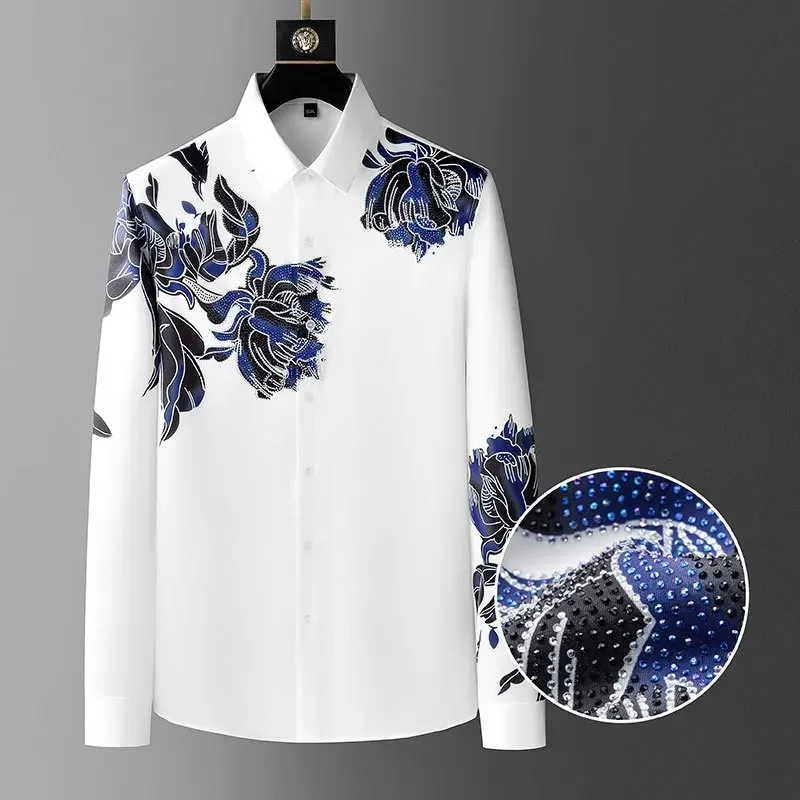 

Vintage Rhinestones Flower Shirts For Men Streetwear Casual Business Dress Shirt Social Party Tuxedo Men Clothing Camisa Hombre