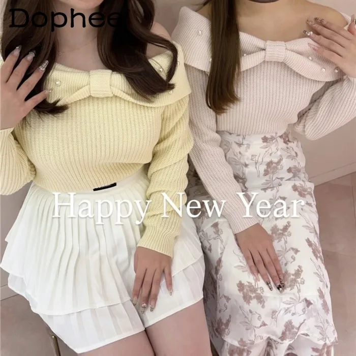 

2026 Spring New Sweet Cute Girl Pearl Off-Shoulder Sweater Daily Versatile Doll Style Short Top