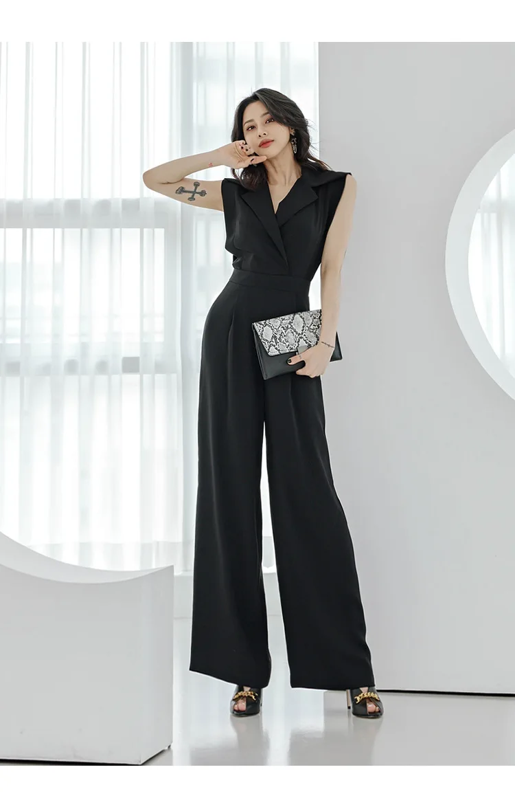 Commuter Temperament Office Women's jumpsuits Summer New Elegant Suit Collar High Waist Slim Fit Wide Leg Pants jumpsuit