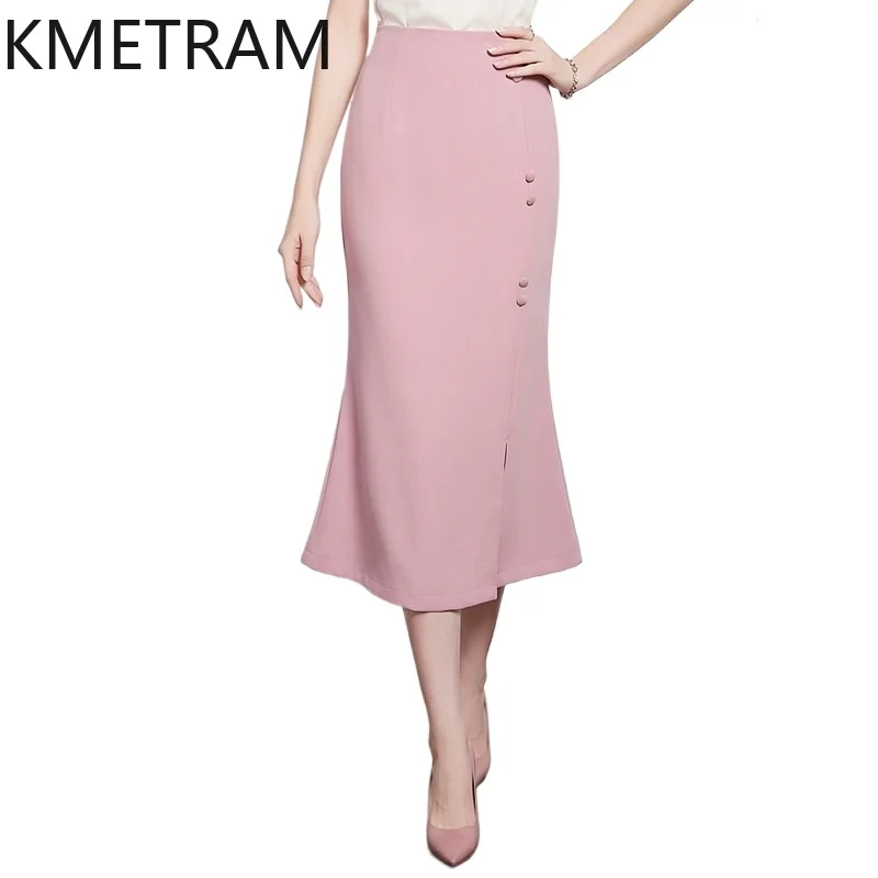 

KMETRAM Elegant Mermaid Skirts for Women Pink White Side Split Office Bodycon Skirt Summer Midi Skirts 2026 Woman Clothing falda