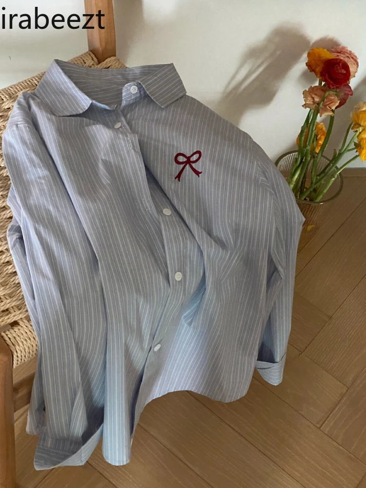 Explosive Recommended Korean Version of Shirt Embroidery Bow Stripes Fashionable Simple Casual Comfortable Shirt Blouse Women