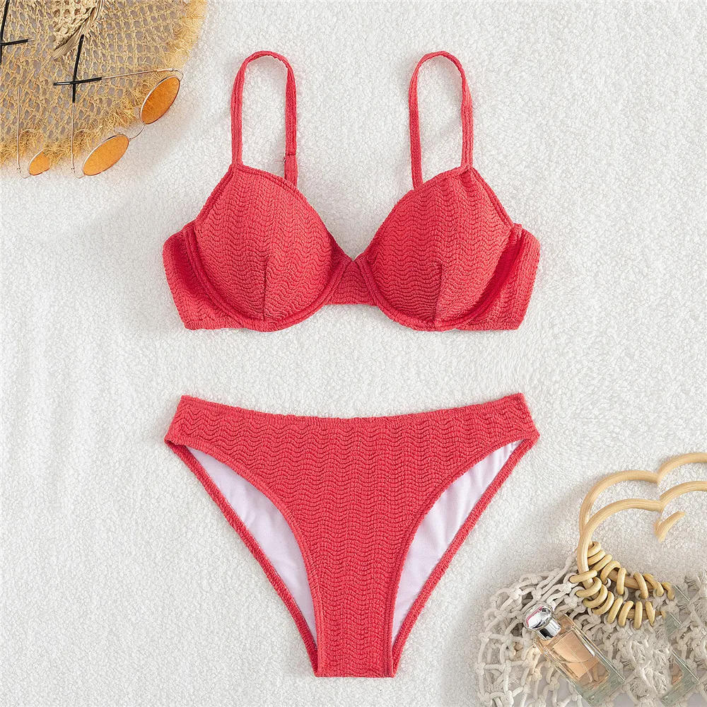 Traje De baño liso con textura roja, Bikini Sexy para Mujer, nuevo traje De baño 2021, Tanga De cintura baja, conjuntos De Bikinis brasileños De Mujer