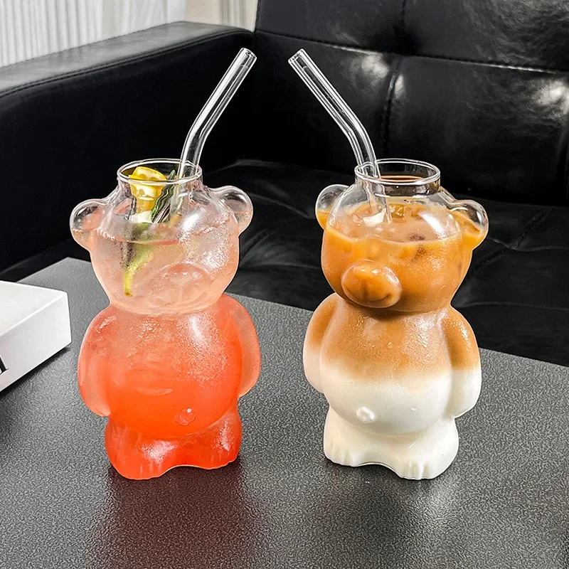 320ML Cute Bear Shaped Coffee Mug Cartoon Bear GlassCup With Straw TransparentCup Birthday Christmas Gift for Women Kids Friends