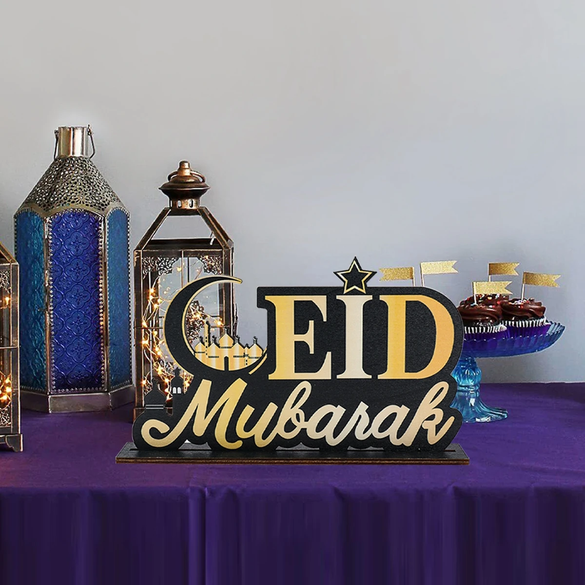 Eid Mubarak Wooden Ornament Ramadan Moon Star Letter Table Decoration for Home Islamic Muslim Pendant Eid Al Adha Party Supplies