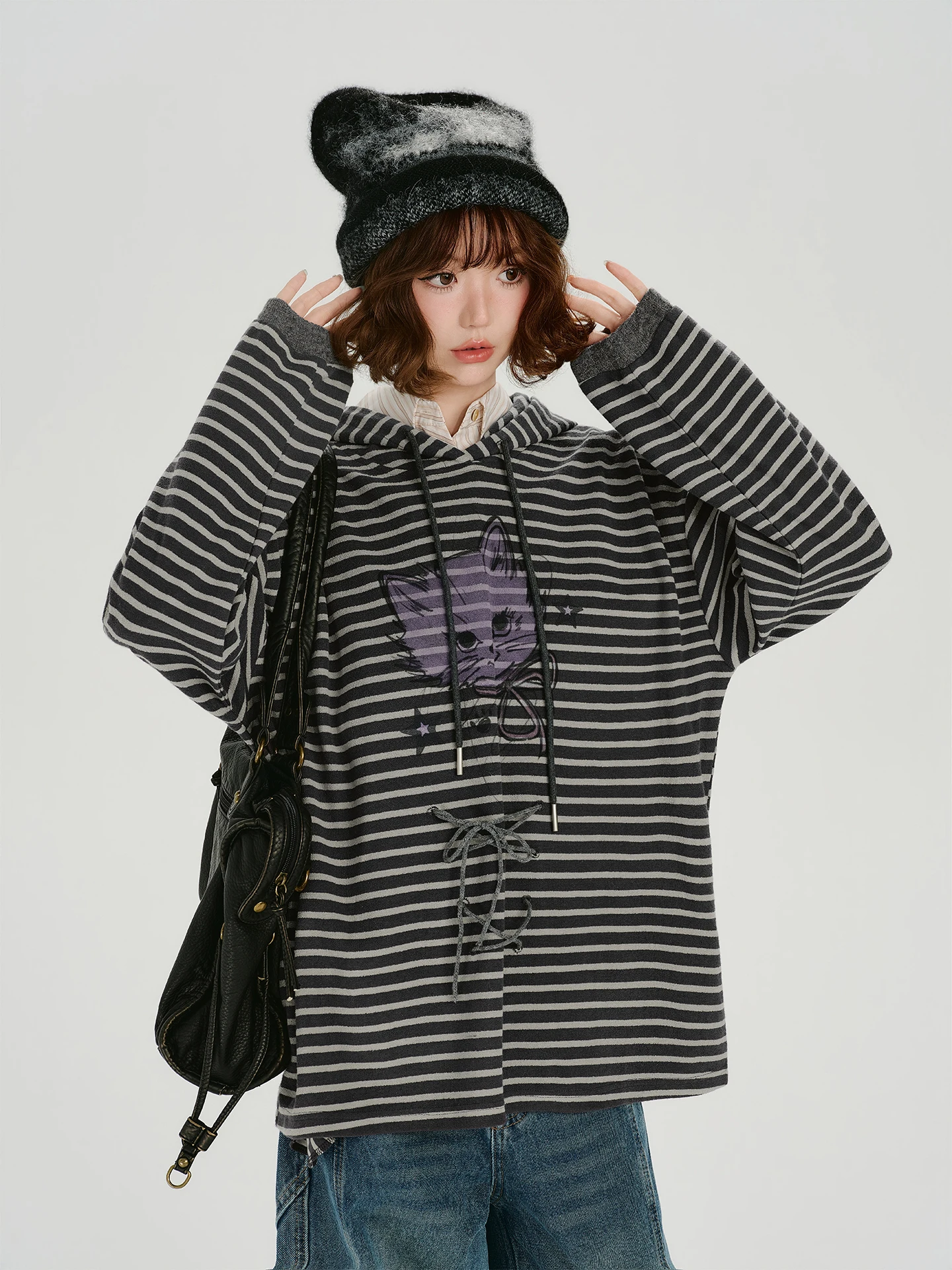 

New 2000 Deep ey Striped Top Girly Women's Loose Fit Hoodie Pullover Faionable Ladies' Sweatirt Winter Collection