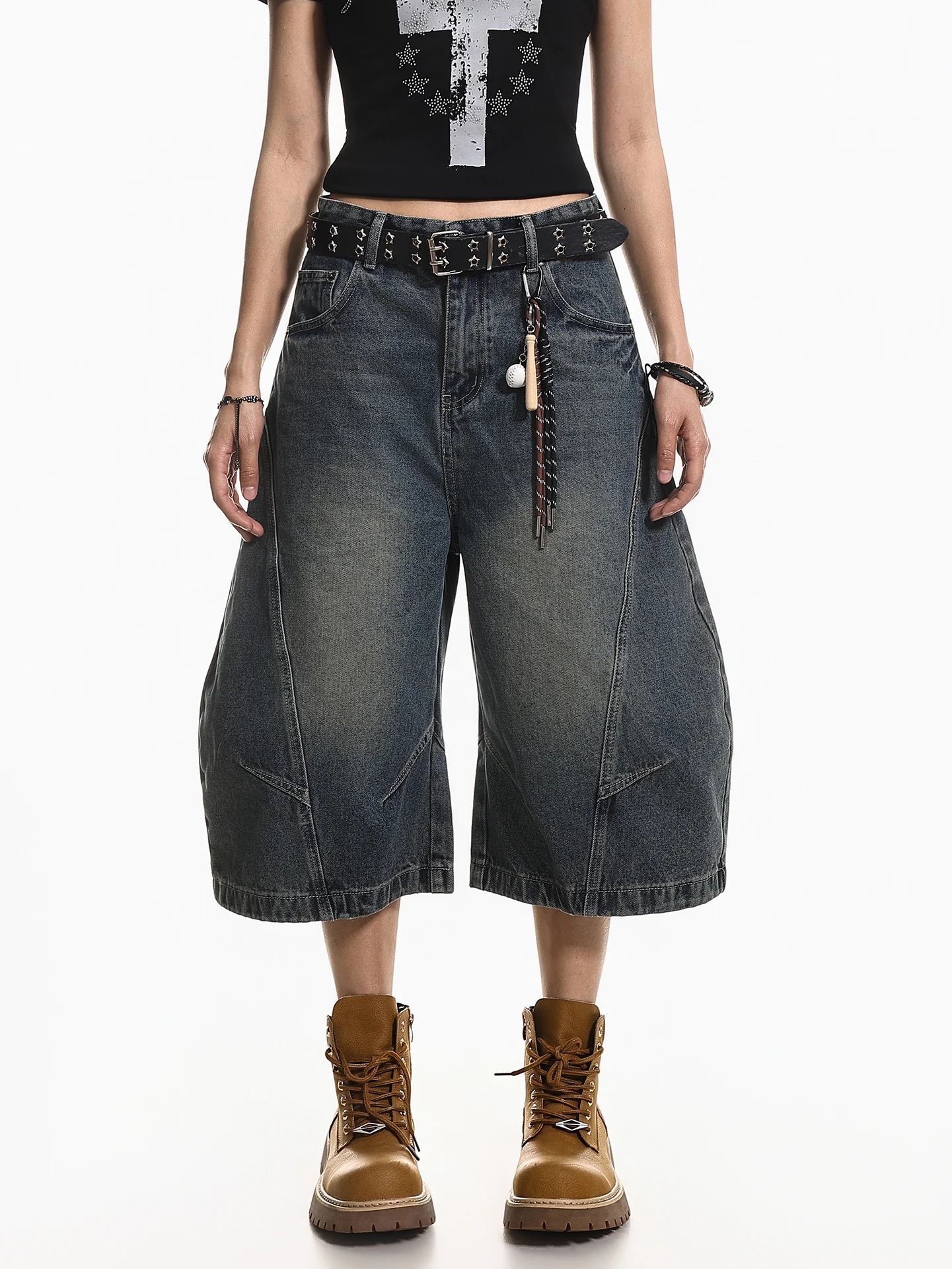 

XPKAEAX Американские винтажные джинсы-кюлоты с эффектом потертости, свободного кроя, с широкими штанинами, женские, летние, укороченные (7/8)