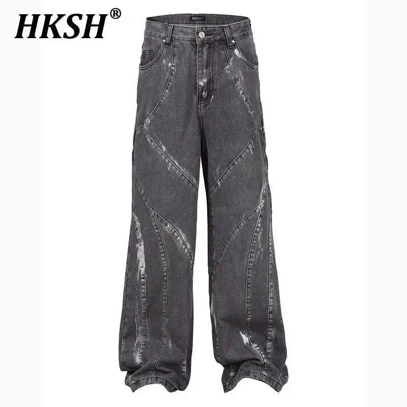 

HKSH Spring New Men Tide Punk Jeans Retro Hole Graffiti Washed Trendy Personalized High Street Loose Denim Pants Straight HK4522