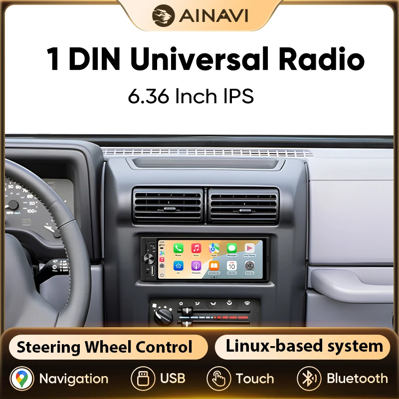 Radio para Auto AINAVI con Carplay Inalámbrico, Android Auto, Bluetooth, Reproductor Multimedia MP5 de 1 DIN y 6.36 Pulgadas, USB, AUX, TF, Tipo C, Cámara de Visión Trasera, Autoradio, Pantalla Táctil, Radio para Coche