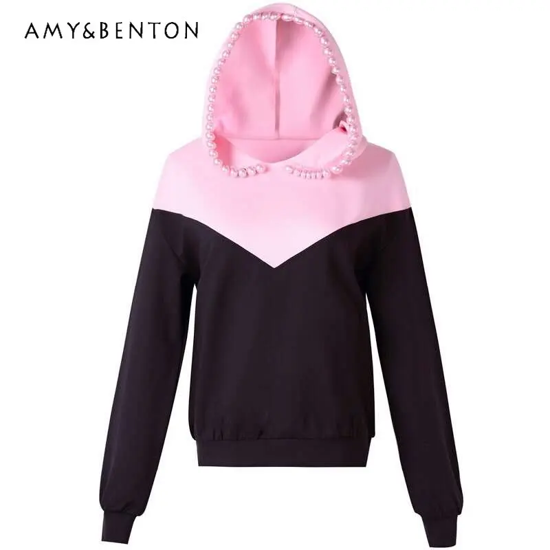 Oversize Fashion High Brand Spring and Autumn Pullover New Loose Version Heavy Industry Beads Hooded Retro Sweatshirt for Women