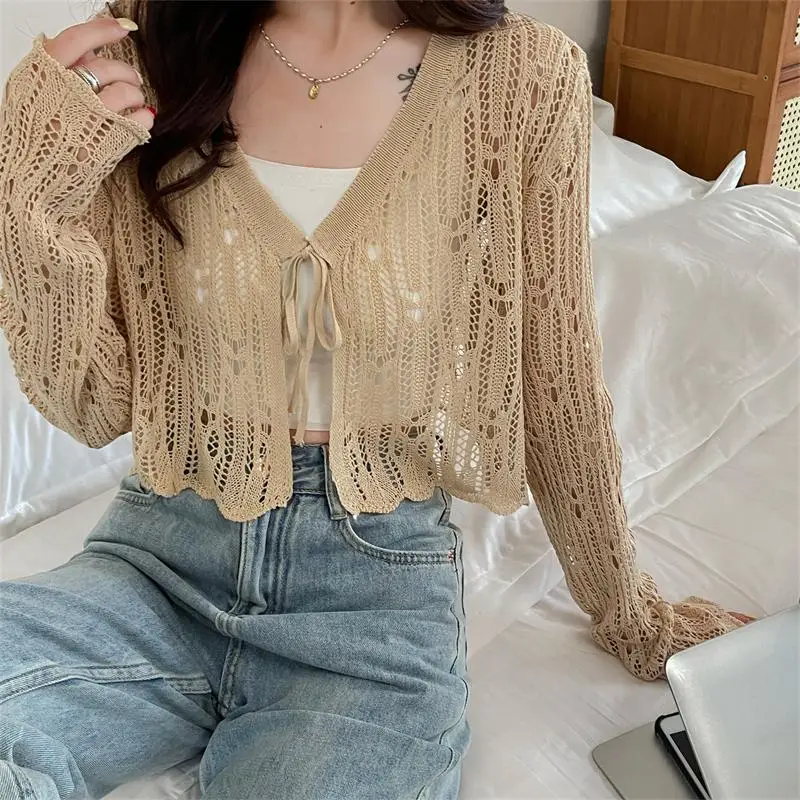 Summer Women Thin Sunscreen Cardigan Lace-up Knitwear Tops Female Korean Style Hollow Out Short Sleeve Short Coat