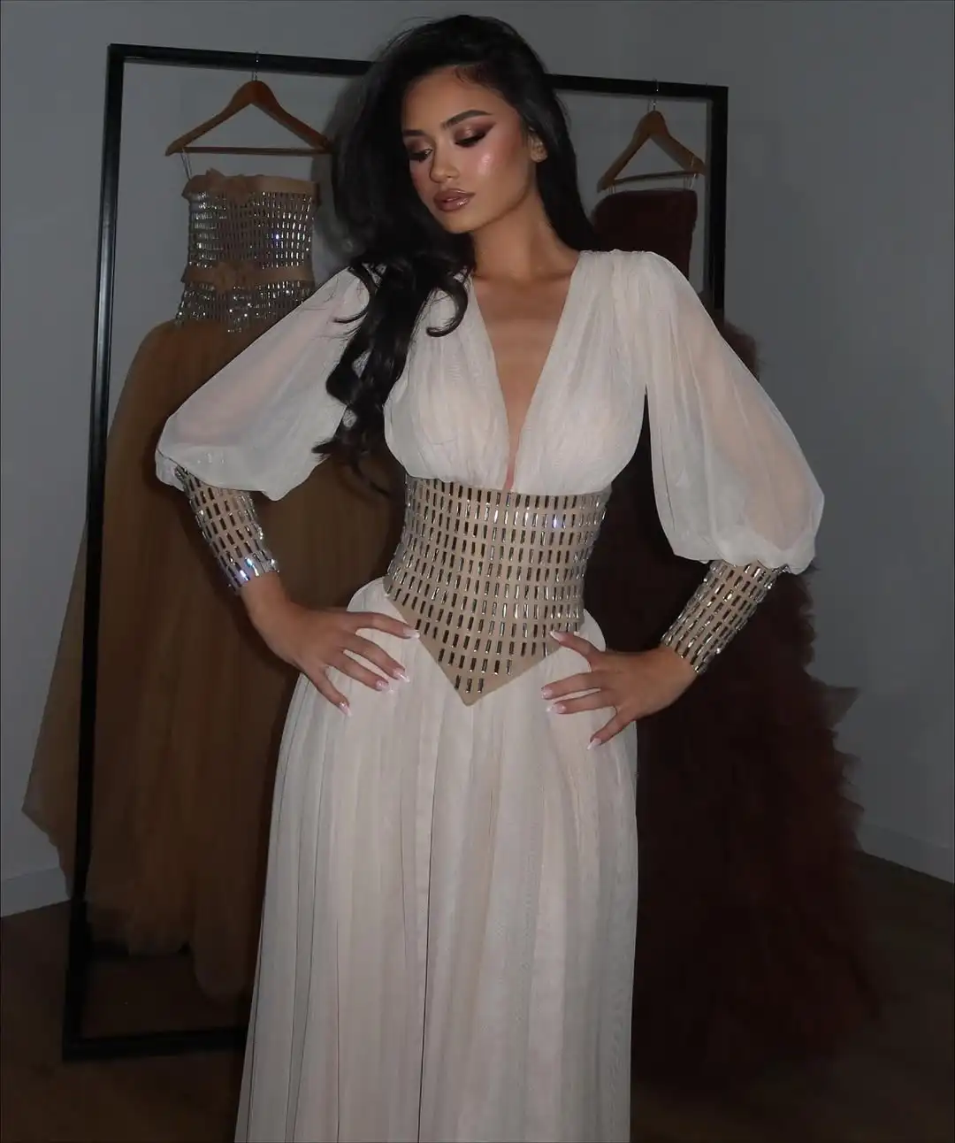 تصميم جديد الخامس الرقبة الوهم فريد الخصر كريستال التألق ألف خط ثنيات المتدرج الشيفون مساء حفلة موسيقية فستان رسمي #4