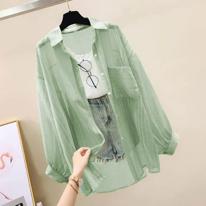 Summer Sunscreen Shirt Elegant Perspective Thin Chiffon Blouse Korean Harajuku See Through Loose Top Casual Women\'s Cardigan