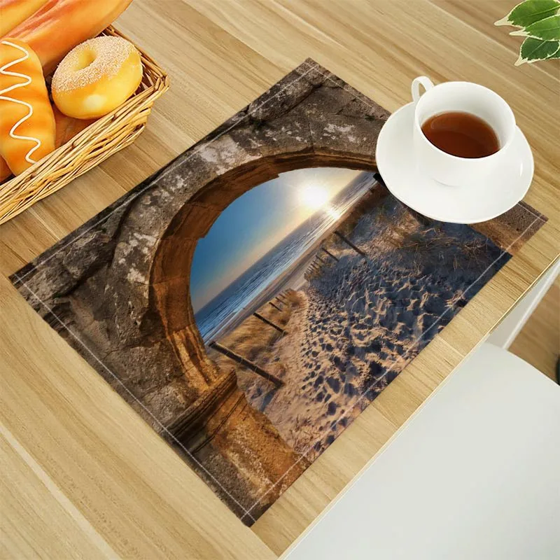 Beach Landscape Coconut Trees Print Linen Dining Table Mats Alphabet Kitchen Placemat 32X45cm Coasters Pads Bowl Cup Mat